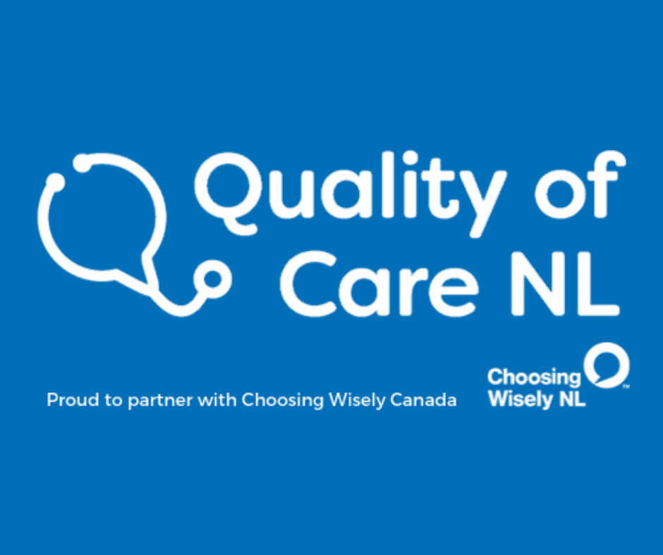 Quality of Care NL logo, proud to partner with Choosing Wisely Canada, Choosing Wisely NL logo
